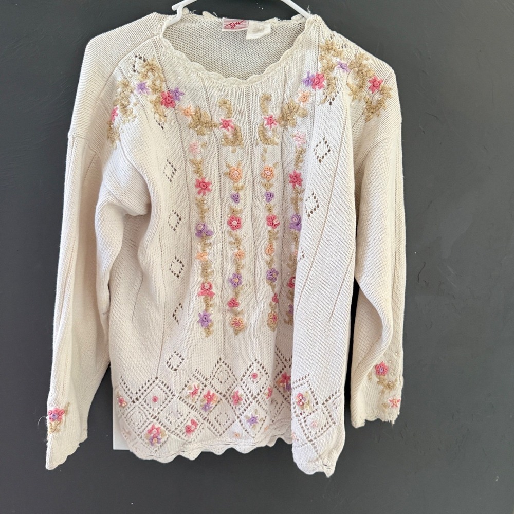 Vintage GW Division of Graff Floral Embroidered Knit Sweater Cream Large Grandma